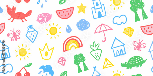 Whimsical hand drawn doodles of animals nature and objects in bright colors on white background