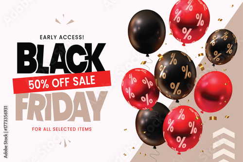 Black Friday sale banner with black balloons and percentage signs on red background for promotion.