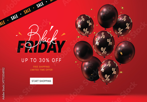 Black Friday early access sale banner with black and red balloons decorated with percentage symbols and golden confetti on modern background.