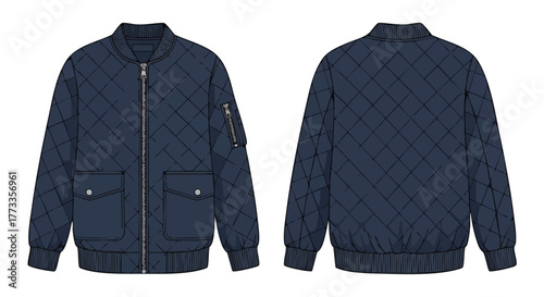 Technical fashion sketch displaying a quilted bomber jacket with front and back views for design visualization