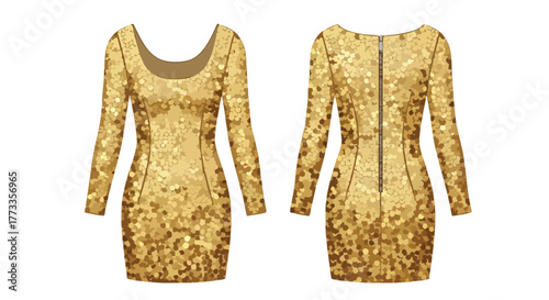Dazzling Design: Golden Sequin Dress Illustration Showcasing Front and Back Views for Fashion Design