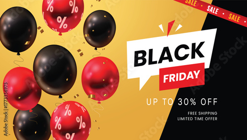 Black Friday sale banner with red and black balloons decorated with percentage signs on golden background. Includes discount text, free shipping, and shopping promotion for retail and e-commerce ads.
