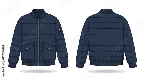 Illustrative display featuring the design blueprint of a deep blue quilted bomber jacket showcasing both its frontal and dorsal aspects