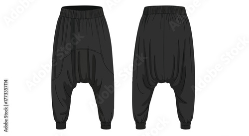 Detailed technical drawing showcasing the front and back design of stylish black harem pants illustration