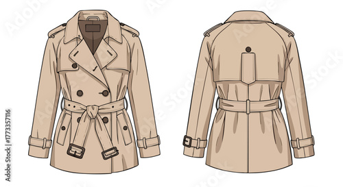Detailed illustration of a classic trench coat, showcasing design elements from both front and back views on a white background