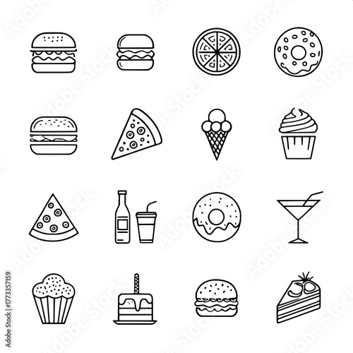“Clean, modern food icon set — sixteen items drawn in thick black line art. Each icon (burger, pizza, taco, ice cream, cupcake, martini glass, donut, etc.) sits evenly within a white grid for a minima