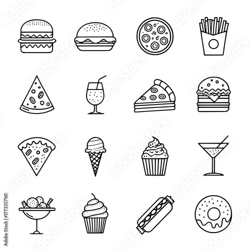 “Clean, modern food icon set — sixteen items drawn in thick black line art. Each icon (burger, pizza, taco, ice cream, cupcake, martini glass, donut, etc.) sits evenly within a white grid for a minima
