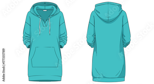 Turquoise hoodie dress technical sketch displaying front and back views isolated on white background design element and clothing concept illustration