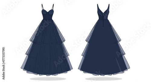 Elegant navy tulle gown showcases delicate layers with front and back views adding to the feminine charm and highlighting its luxurious feel