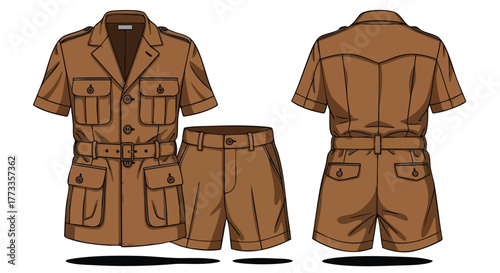 Illustrated khaki safari outfit showcasing a shirt with multiple pockets, a belt, and matching shorts for adventurous expeditions or professional