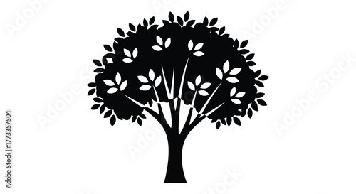 A stylized black silhouette of a deciduous tree with lush foliage and visible branches on a white background silhouette
