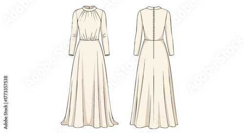 Illustrative rendering of a full-length, long-sleeved dress with a high neckline and delicate button closure design