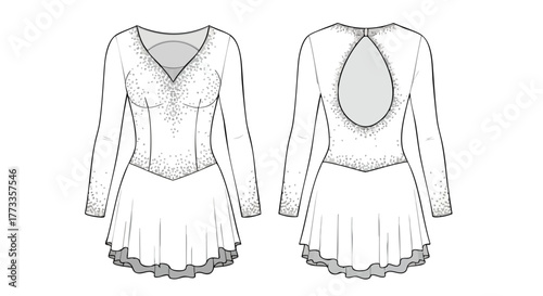 Elegant Figure Skating Dress Technical Drawing with Intricate Beadwork and Open Back Design