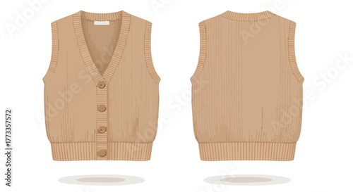 Visual representation featuring a stylishly understated knitted vest, presented from both a front and back perspective revealing design nuances
