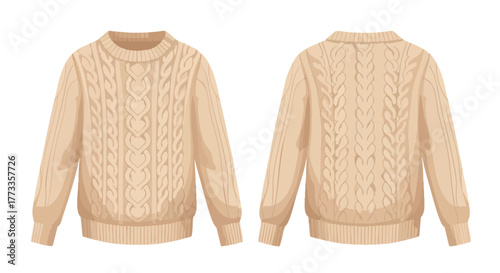 Detailed Vector Illustration Showcasing the Front and Back View of a Beige Knitted Cable Pattern Sweater for Fashion Visuals