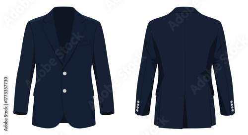Illustrated navy blue suit jacket displaying its front and back design details on a white background