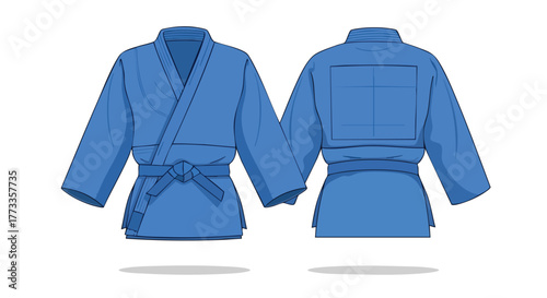 Illustration displaying a front and back view of a vibrant blue judo gi suitable for martial arts training and competitive events