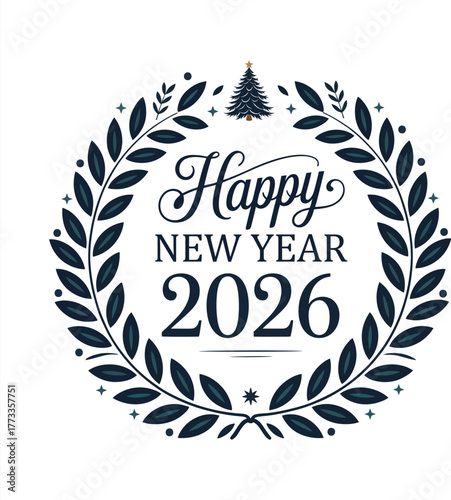 Happy new year 2026 greeting card design with laurel wreath and christmas tree icon on white background vector illustration