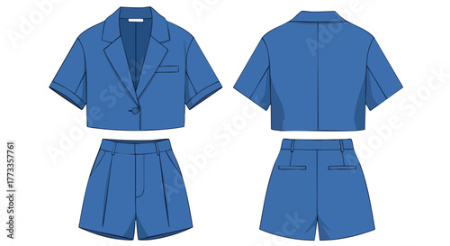 Illustration of a stylish blue summer suit: crop blazer jacket and high-waisted shorts design sketch, perfect for warm-weather wardrobe planning