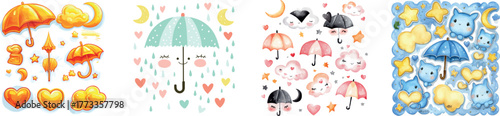 The set includes a collection of watercolor doodles depicting cute clouds with umbrellas, along with stars, moons, and rainbows