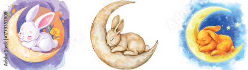 A watercolor illustration portrays a baby rabbit fast asleep on the moon, surrounded by a celestial display of stars