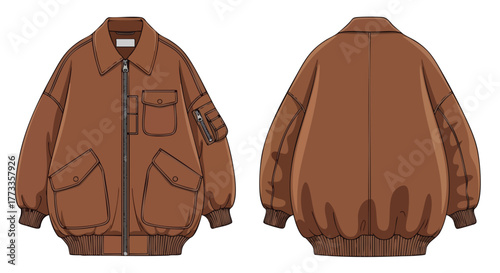 Brown bomber jacket technical sketch showcasing front and back details for fashion design and garment creation showcasing the versatile appeal of a