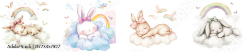 A watercolor illustration shows a baby rabbit asleep on a rainbow with an assortment of stars and butterflies nearby