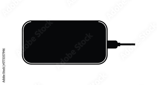 A simple black silhouette of a modern usb power adapter with a plug extending from the side