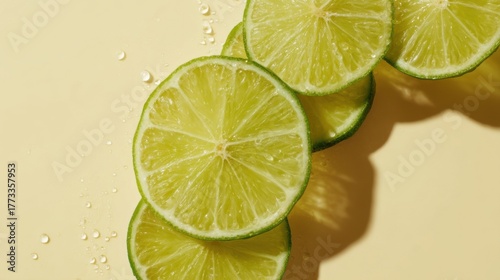 Fresh slices of green citrus fruit, likely lime or lemon,