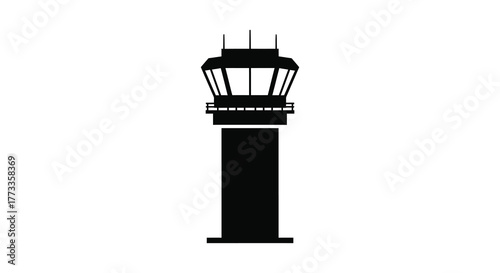 Isolated black silhouette of an airport control tower on a white background representing aviation and air traffic management silhouette