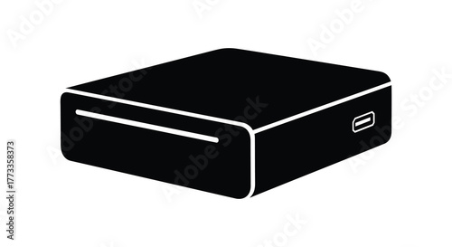 A simple black silhouette of a compact electronic device with a usb port and a slot on a white background