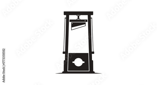A stark black silhouette of a guillotine stands against a white background representing historical execution and justice silhouette