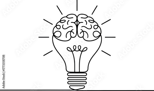 Black outline of a brain inside a lightbulb with radiating lines idea thinking