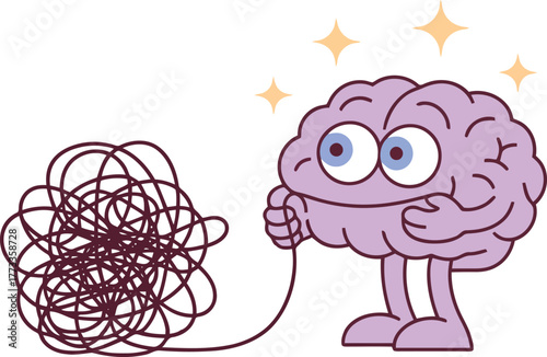 Cartoon brain untangling a messy knot with yellow stars untangle