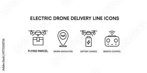 Print  Electric Drone Delivery Line Icons — flying parcel, drone navigation, battery charge, remote control vector