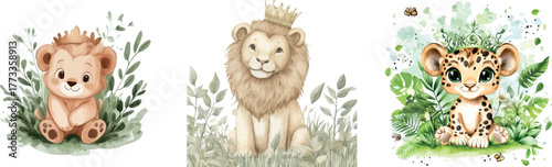 A watercolor illustration shows a cute lion sitting on a bed of green grass and tropical leaves