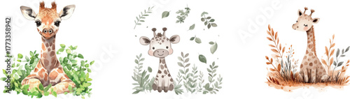 A watercolor illustration features a cute baby giraffe sitting on green grass and surrounded by tropical leaves