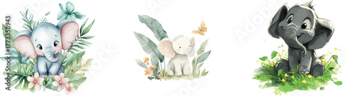 A cute baby elephant sits on green grass surrounded by tropical leaves, as shown in a watercolor illustration