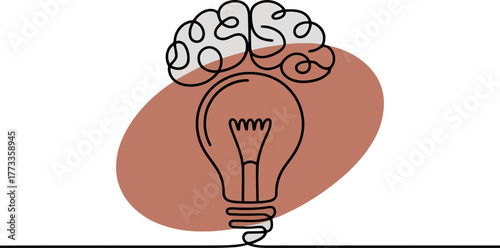 Single line drawing of a lightbulb with a brain on top idea concept
