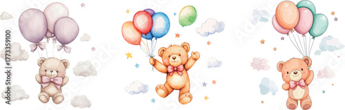 Cute teddy bear flying with balloons is the subject of a watercolor illustration