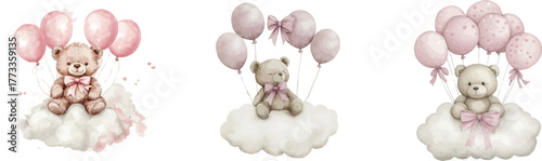 A watercolor illustration shows a cute teddy bear perched on a cloud with a trio of balloons nearby