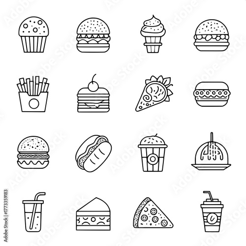 “A seamless grid of 16 monochrome outline icons showing various foods and drinks. No shading or color, just clean, thick outlines. Features cupcakes, burgers, tacos, and beverages in a consistent, mod
