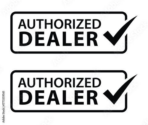 Two authorized dealer stamp or badge icons with checkmark for official, certified, and genuine business and sales signage