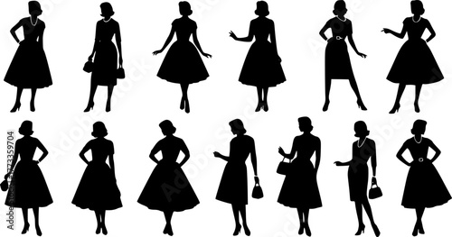 silhouettes of women in dresses, retro fashion, various poses, vector  