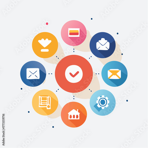 Central Red Circle with White Checkmark Modern Graphic Design Element.