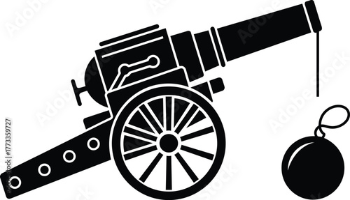 Vintage Cannon Vector Illustration – Old Artillery Weapon Silhouette Icon With Cannonball on Transparent Background.