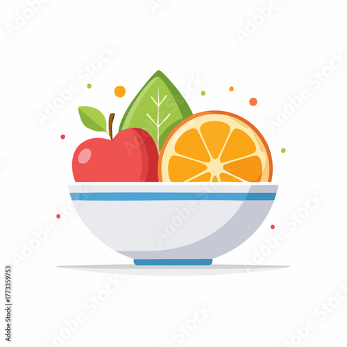 Colorful Illustration of a Fruit Bowl with Apple Orange and Leaf.