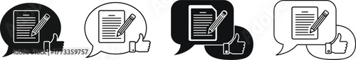 Four stylized speech bubbles with document icons representing communication and information sharing