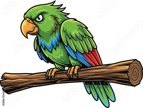 Cartoon Green Parrot on Branch, Tropical Bird, Wildlife Illustration
