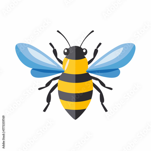 Colorful Vector Illustration of a Stylized Bee with Blue Wings and Striped Body.